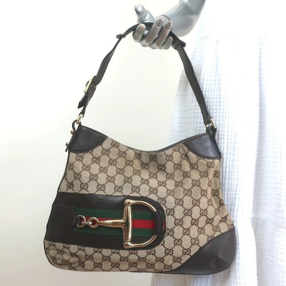 Gucci Handbags - Gucci Hasler Horsebit Hobo GG Monogram Canvas & Brown Leather Shoulder Bag